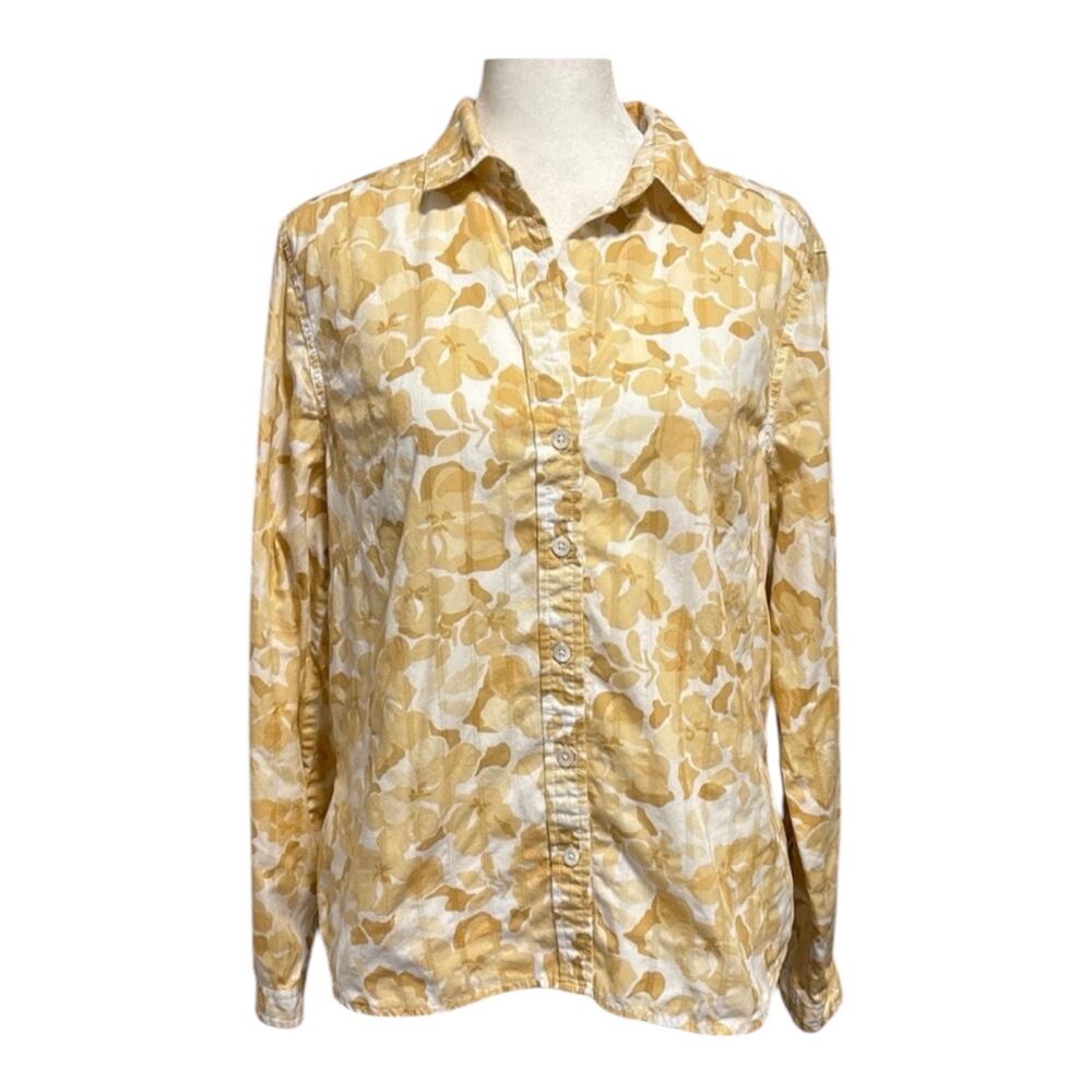 Eddie Bauer Size PL LP Large Petite Button Up Shirt Floral Print Cotton Yellow